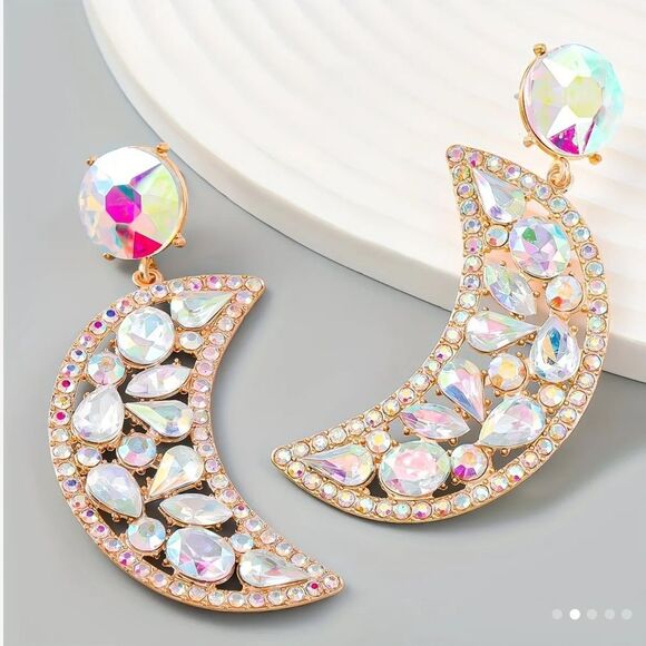 🌙💖Super Sparkly Celestial Iridescent Crystal Bead Post Drop Dangle Earrings🌙 - Picture 1 of 17